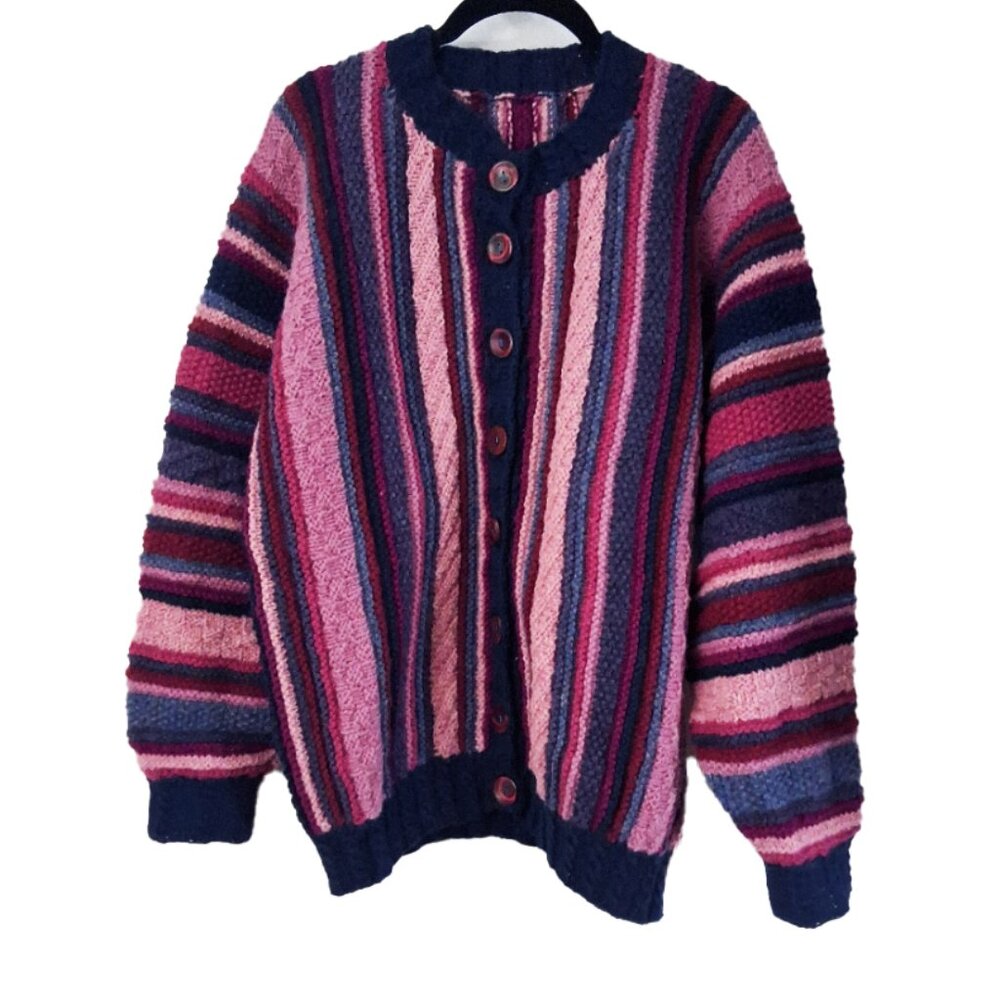 Chunky Striped Cardigan Cable Knit Handknit Navy Magenta Wool Grandma Sweater